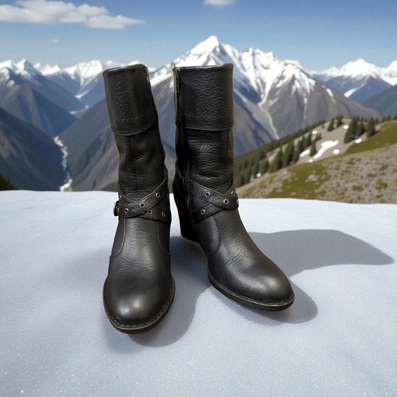 Born Boots Gilary Style Black Leather, Chunky Heel, Cuffed, Moto - Picture 2 of 8